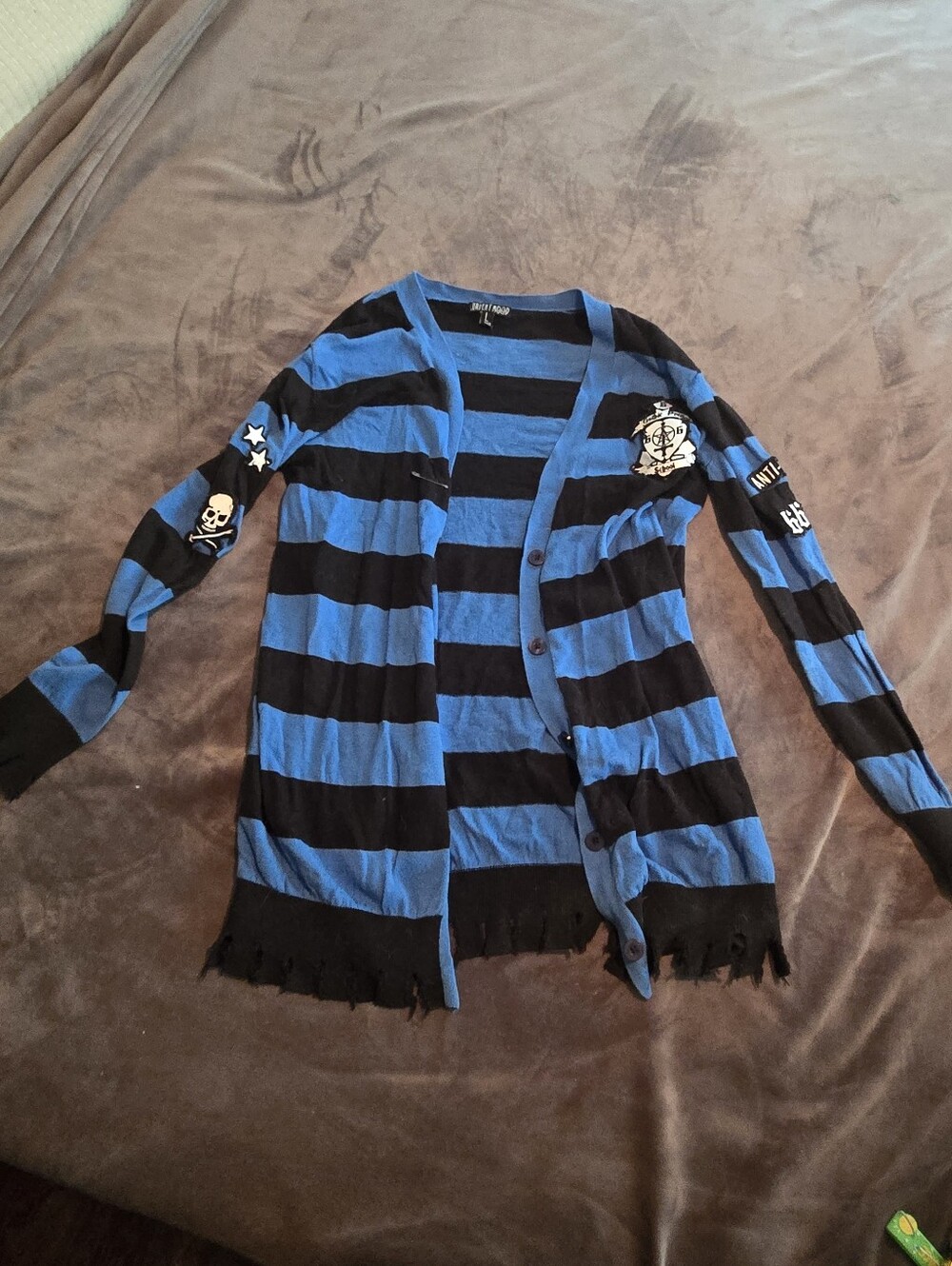 Current Mood Blue Black Striped Cardigan Patch Accents Gothic Prep School Goth M